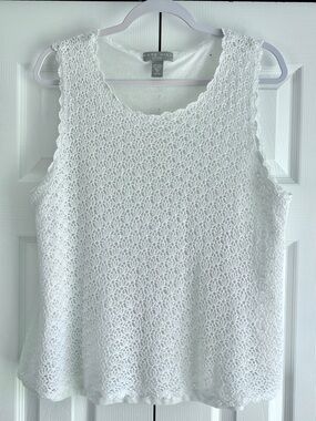 Kate Hill Linen Blend White Lace Tank Top 2X Sleeveless Crochet Overlay Summer
